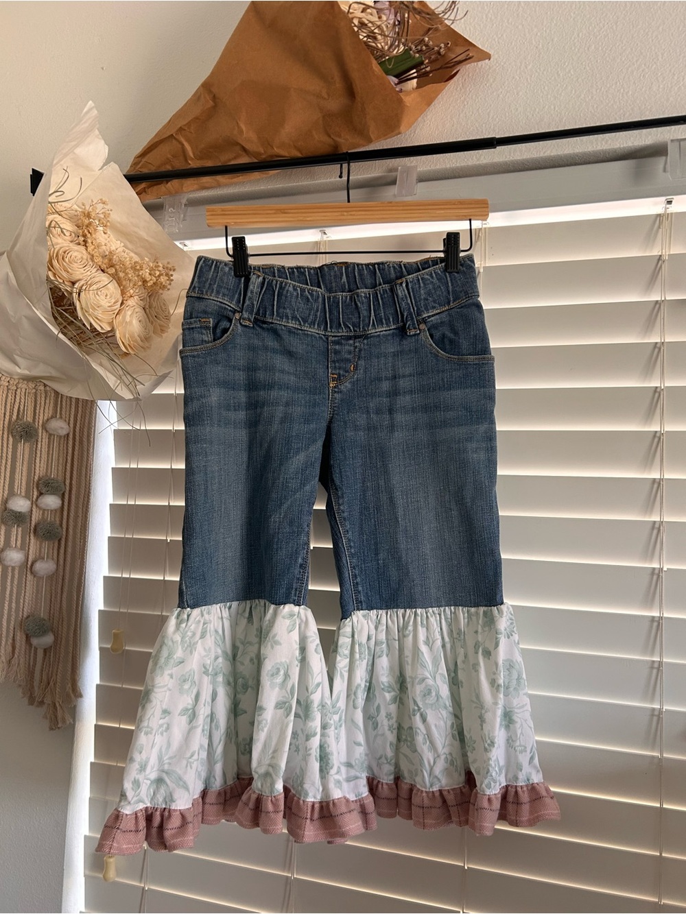 Poor Pitiful Pearl Upcycled Denim Floral Ruffle Capri Jeans cottagecore